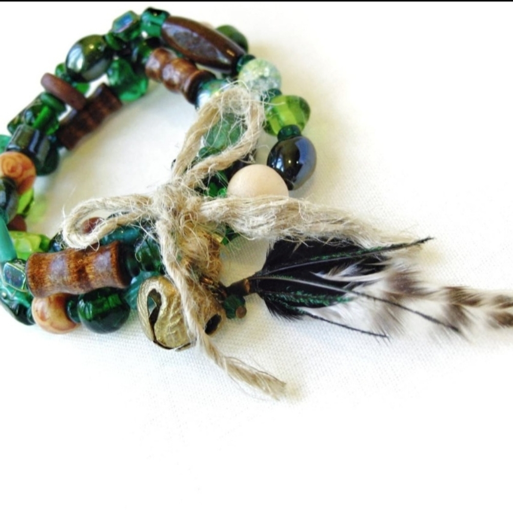 NEW Handmade Green Glass & Wood Stacking Bracelet Set with Feather & Bell